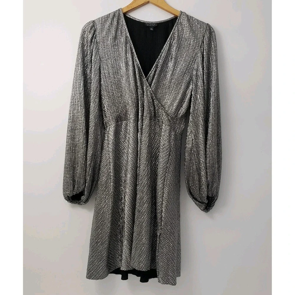 Topshop Silver Metallic Wrap Skater Dress Size US 8 EUR 40 UK 12 Long Sleeve